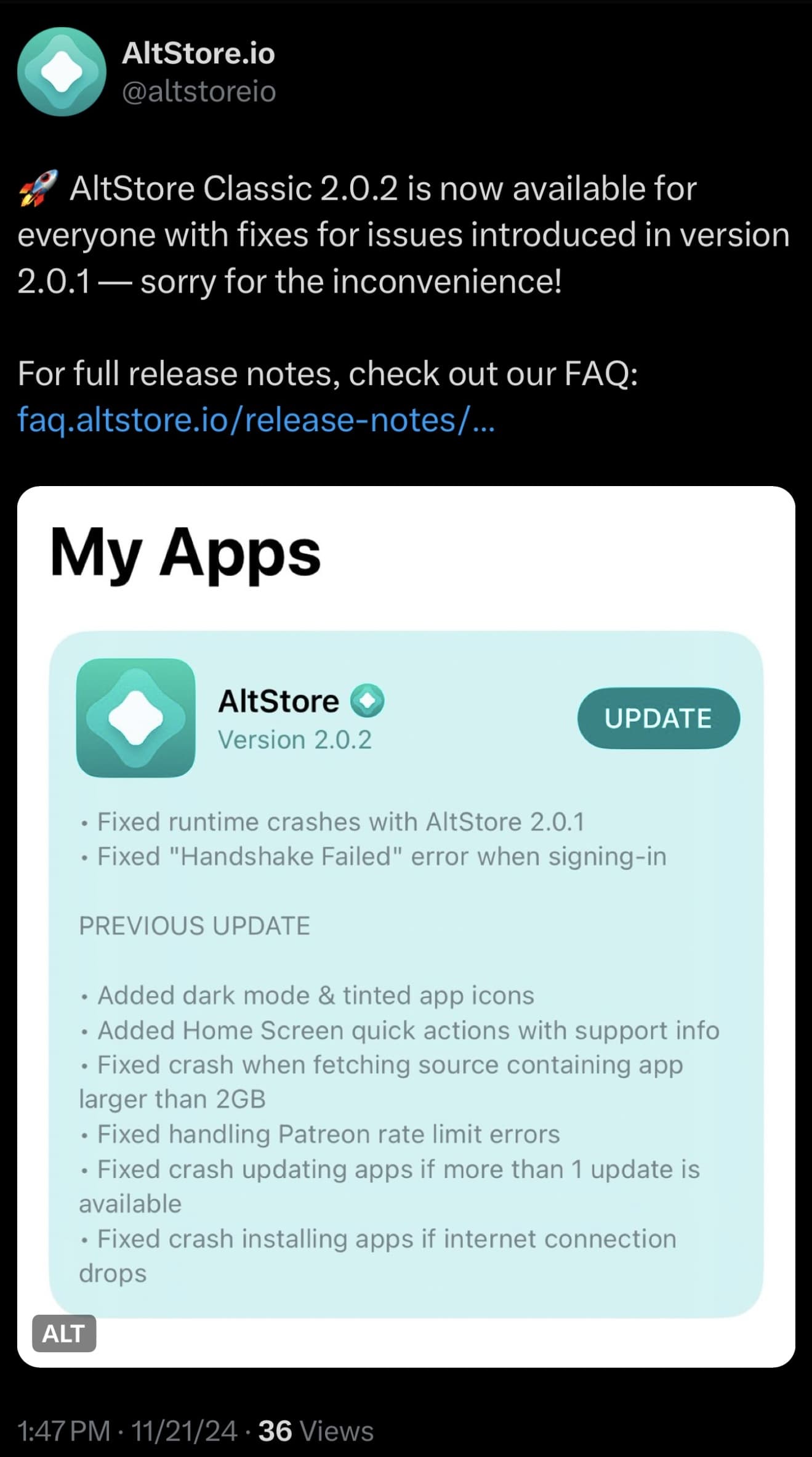The AltStore Team announces AltStore Classic v2.0.2 on X.