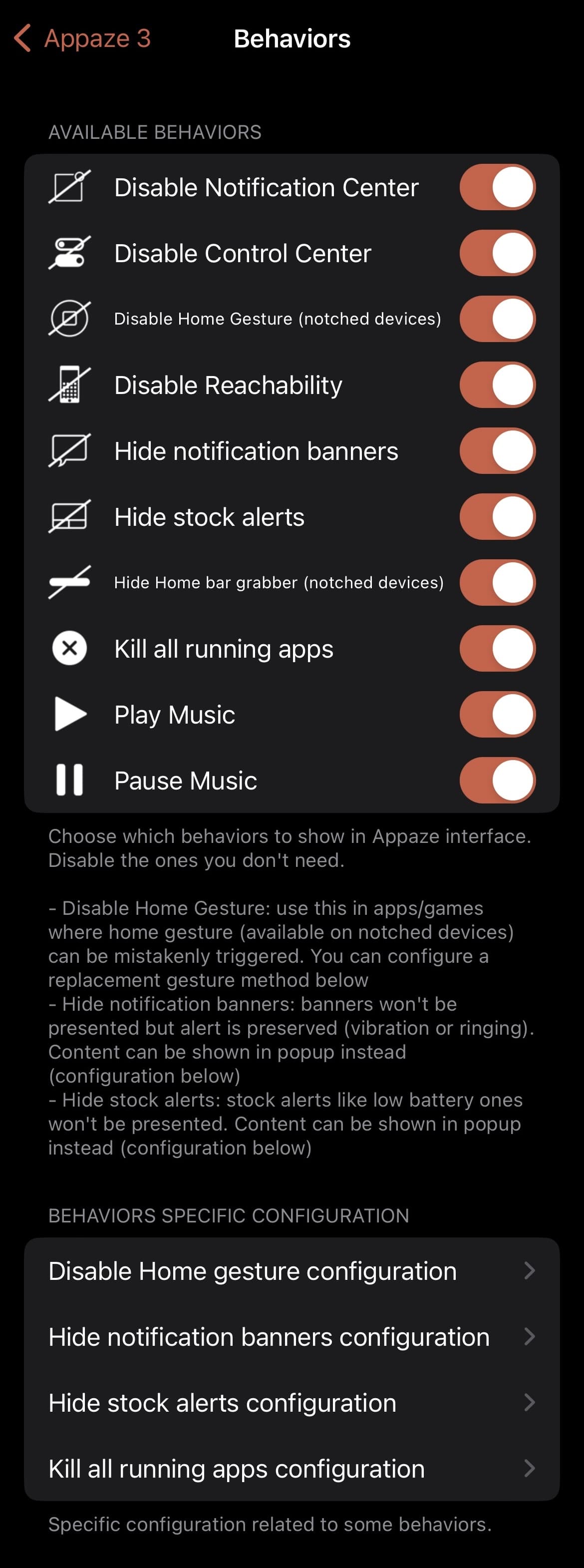 Appaze 3 Behaviors preference pane.