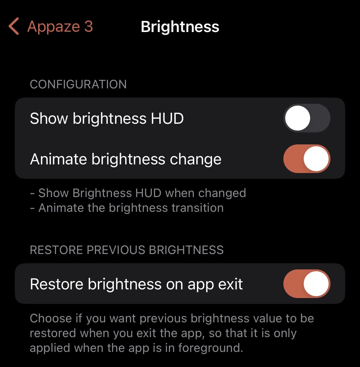 Appaze 3 Brightness preference pane.