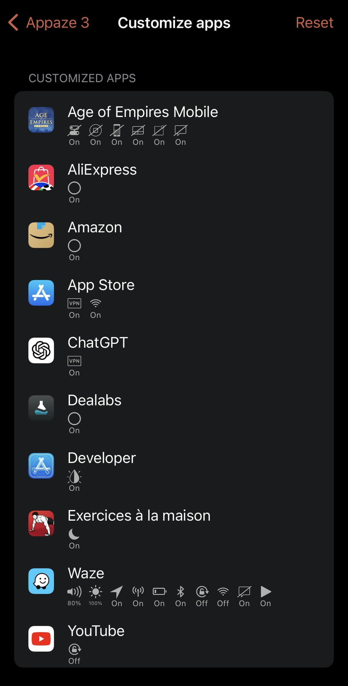 Appaze 3 Customize Apps preference pane.