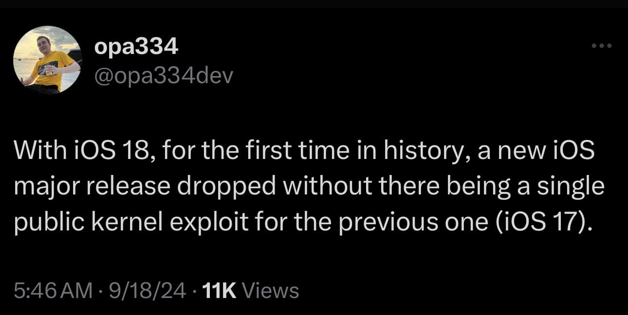 Lars Fröder says there is no kernel exploit for iOS 17 yet, even as iOS 18 releases.