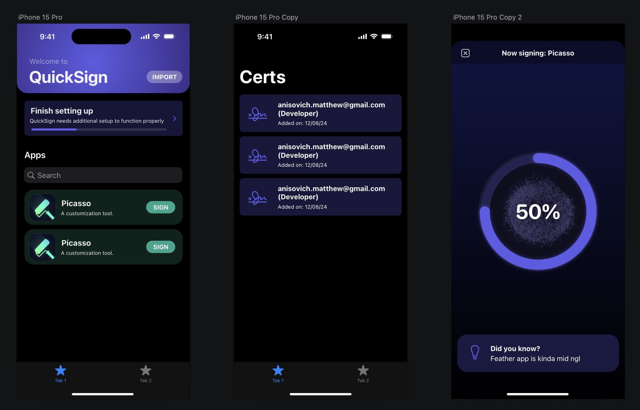 Screenshots of the QuickSign app.