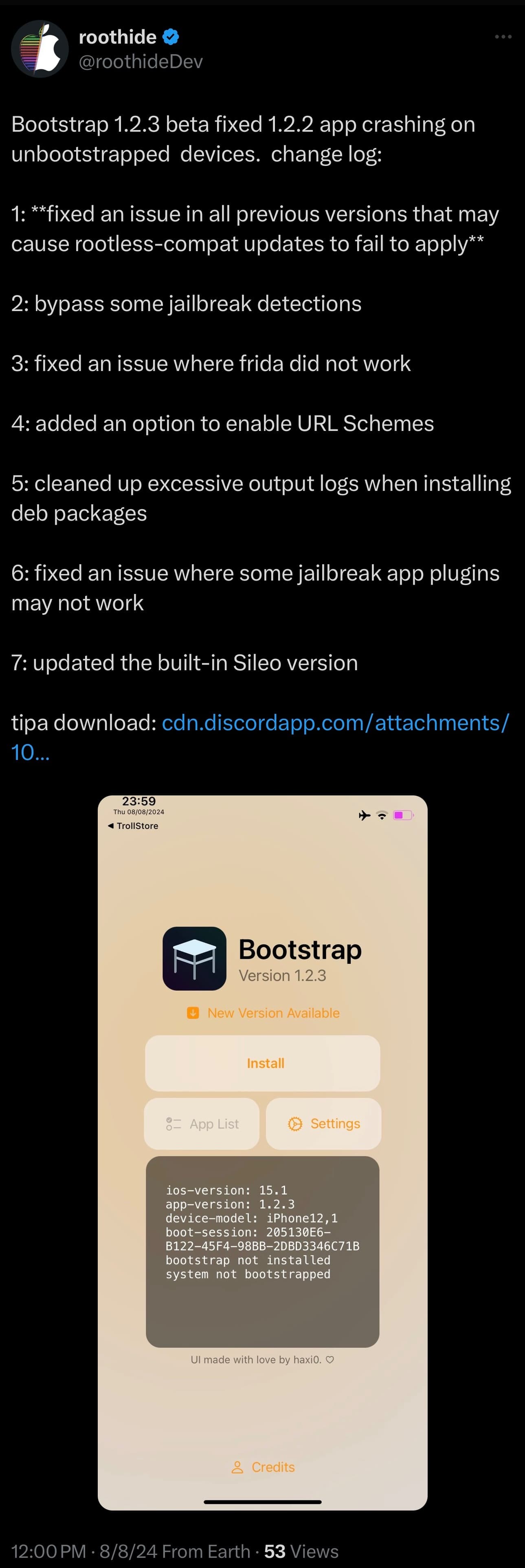 RootHide bootstrap v1.2.3 beta released.