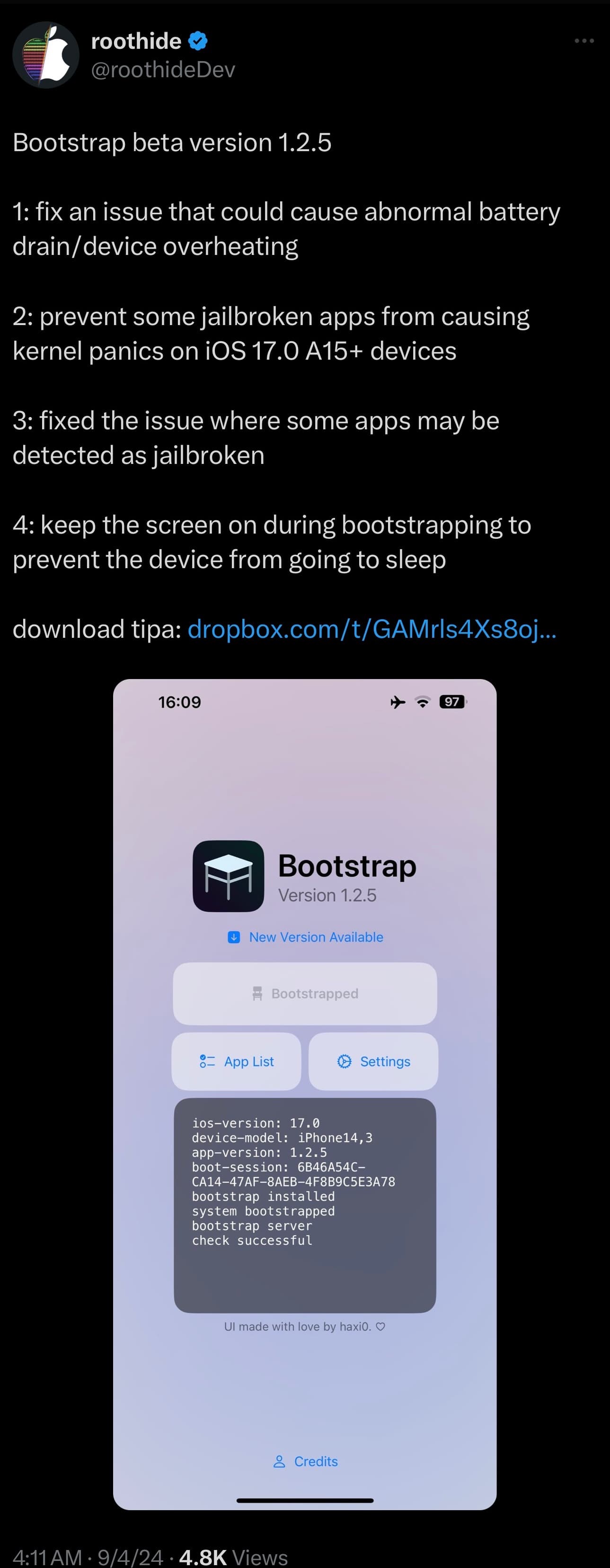 RootHide Bootstrap announcement update to version 1.2.5.