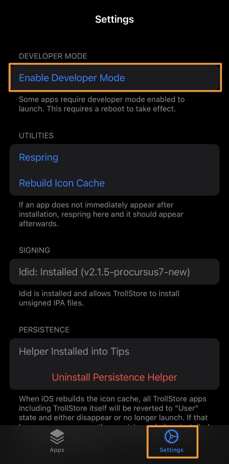TrollStore enable Developer Mode.