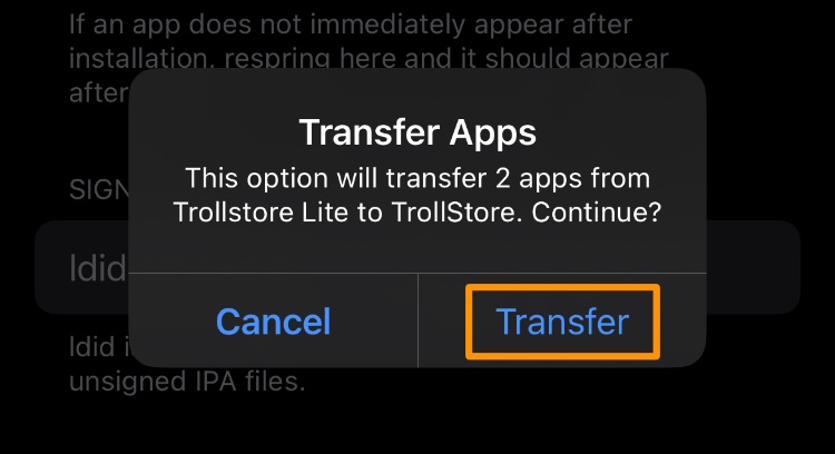 TrollStore Lite Transfer button in Prompt.