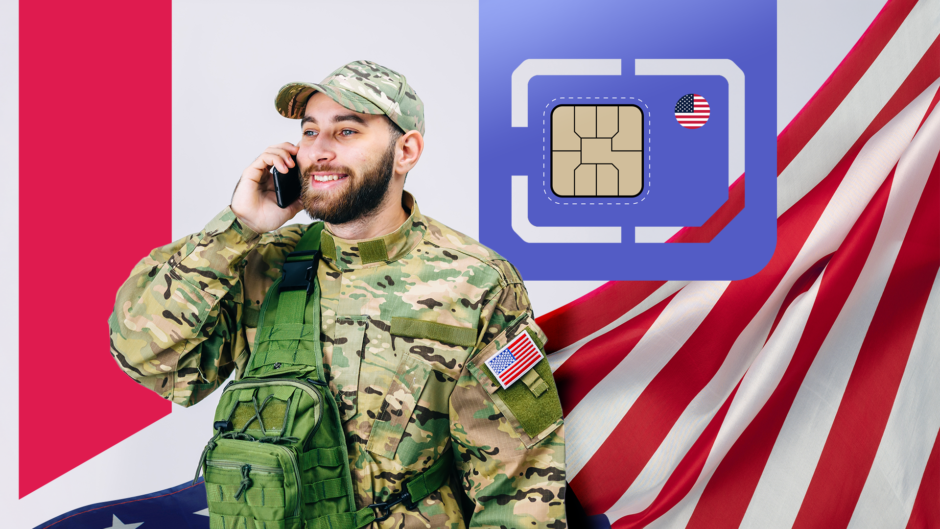 A soldier on the phone, with a SIM card next to him and the U.S. flag in the background.