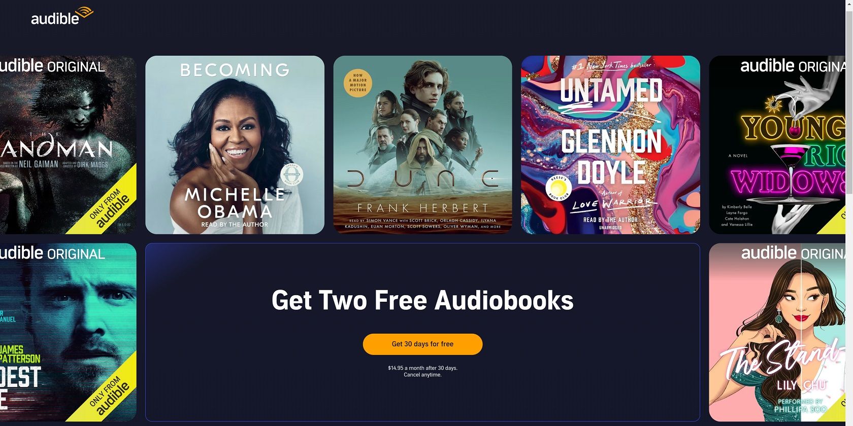The main page of the Audible free trial advertisement. It says 