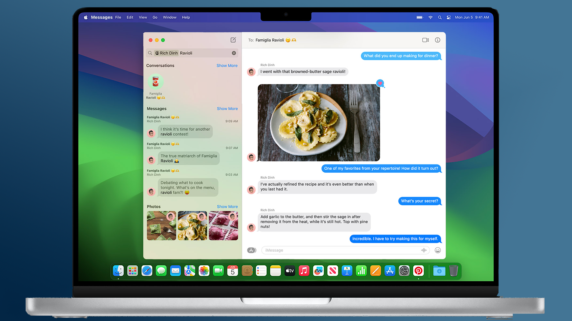 A render of a MacBook with the iMessage app in macOS Sonoma open.