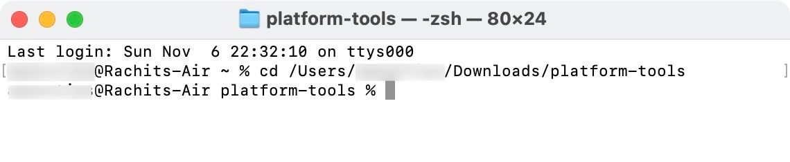 Opening the platform-tools folder in the Mac Terminal by pressing enter