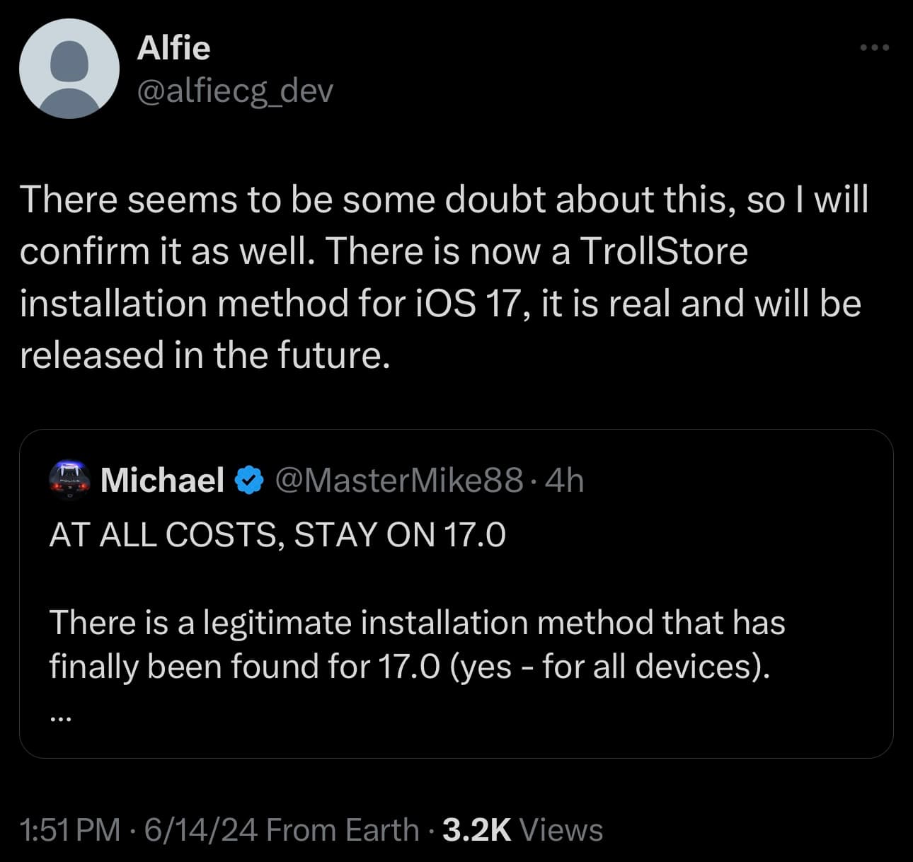 TrollStore co-developer @alfiecg_dev confirms the iOS 17.0 installation method coming soon to TrollStore is real.