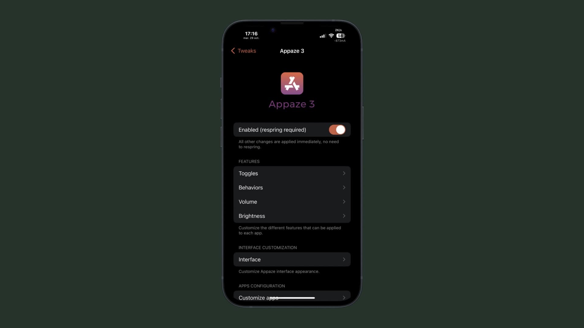 Appaze 3 preferences pane in the Settings app.
