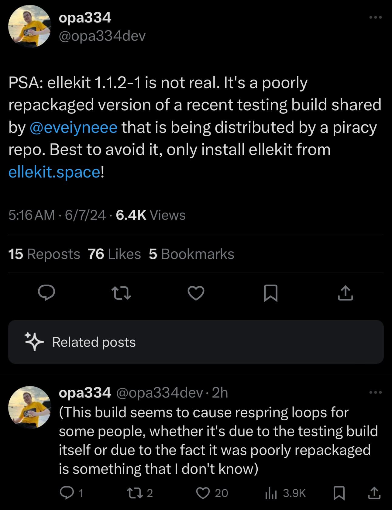 Issues have been identified with an unofficial build of ElleKit.