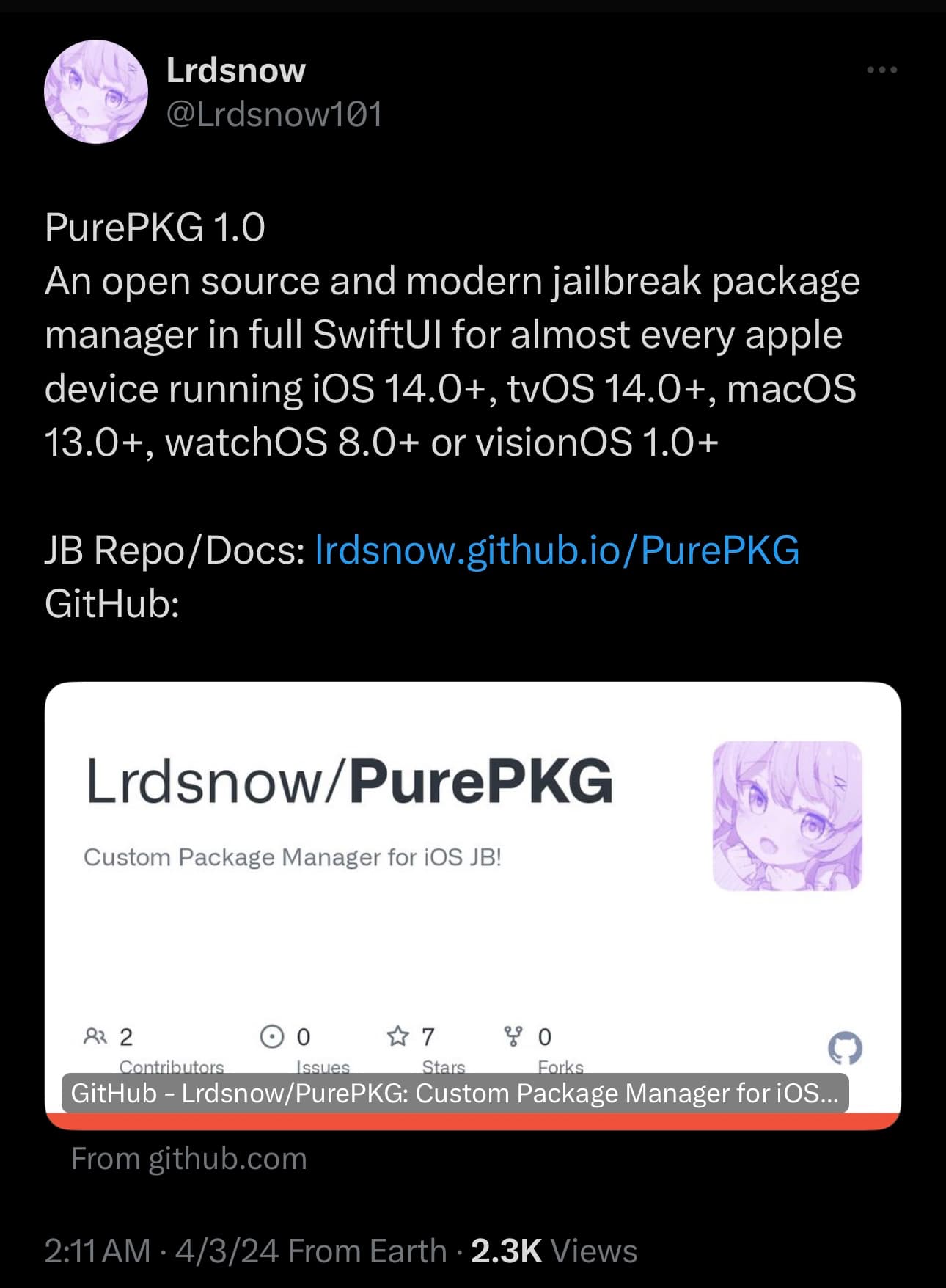 lrdsnow announces release of PurePKG v1.0 on X.