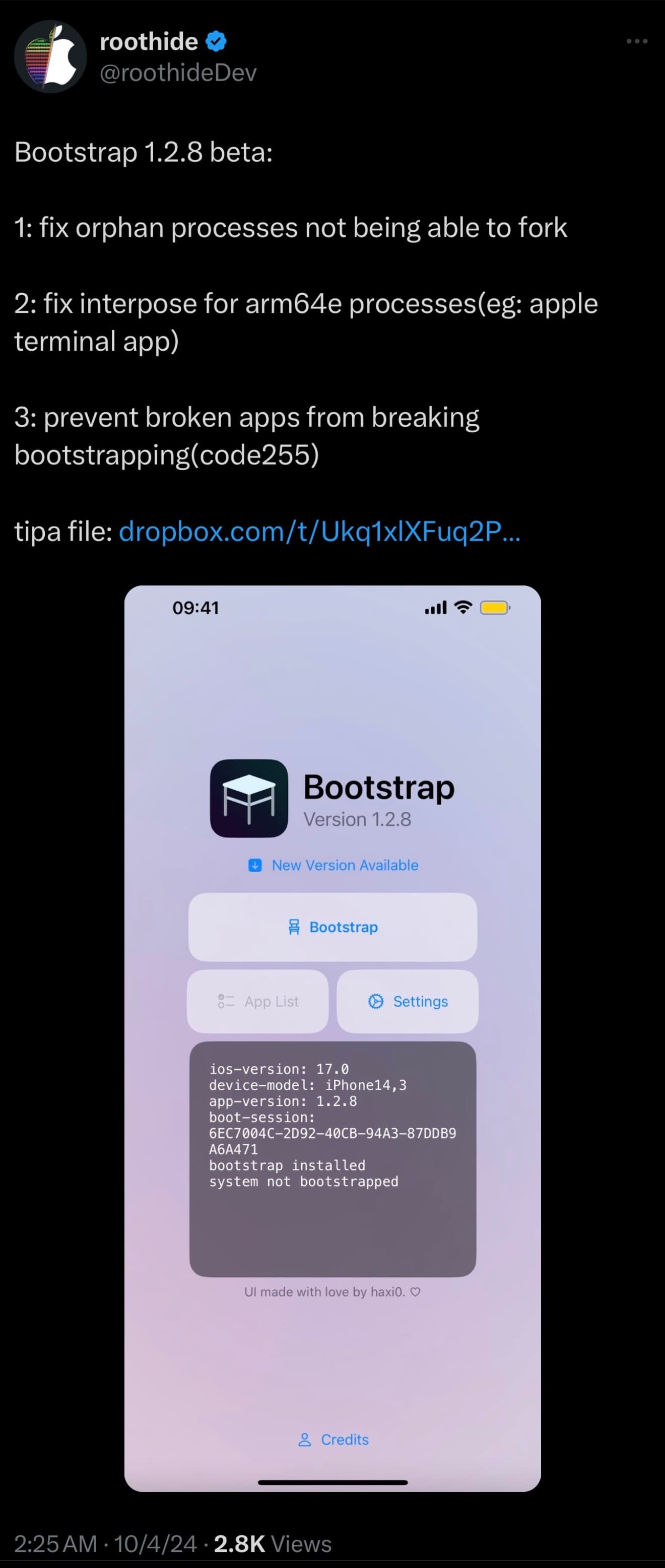 RootHide development team announces RootHide bootstrap v1.2.8 beta.