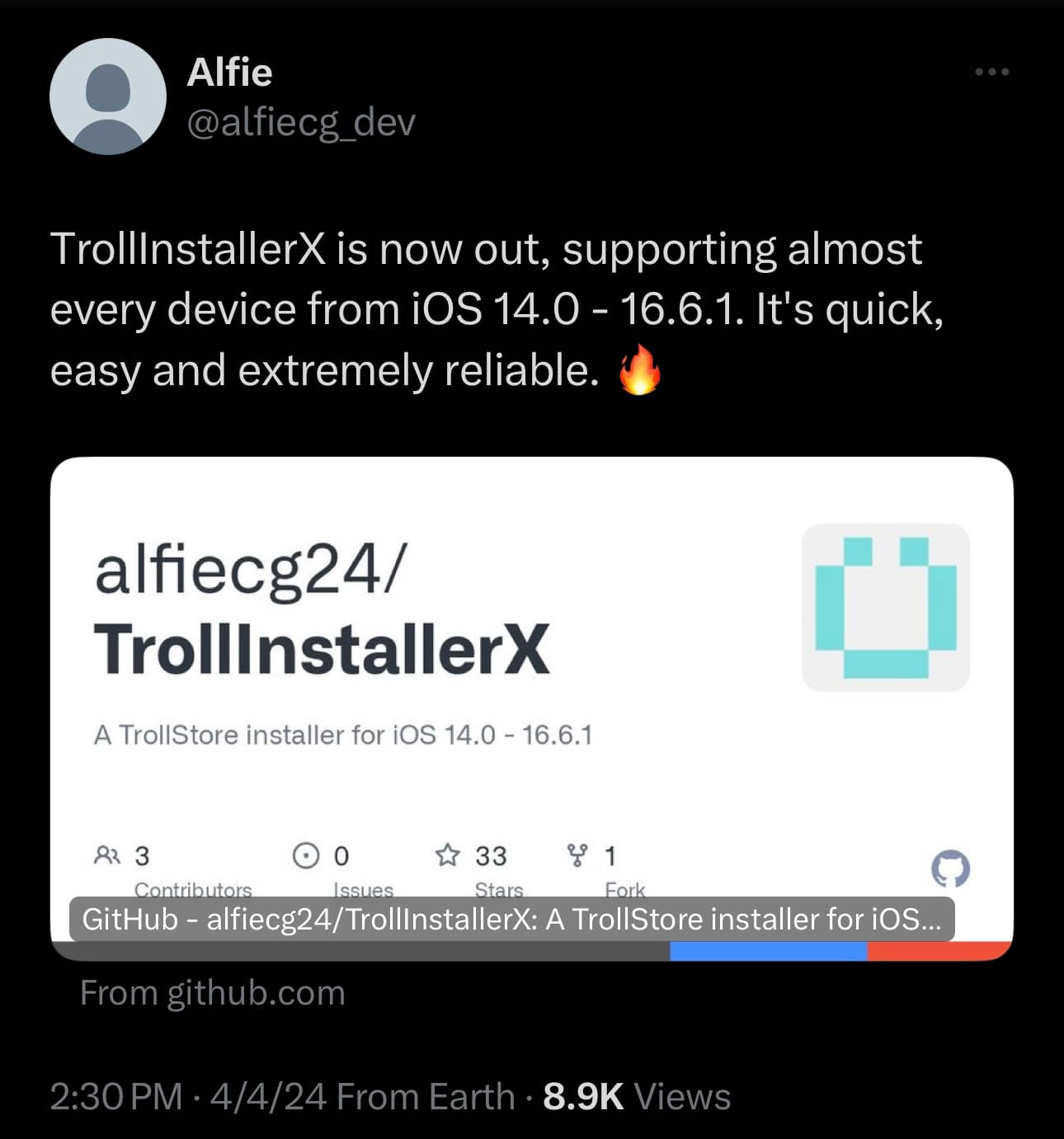 Alfie announces TrollInstallerX’s release.