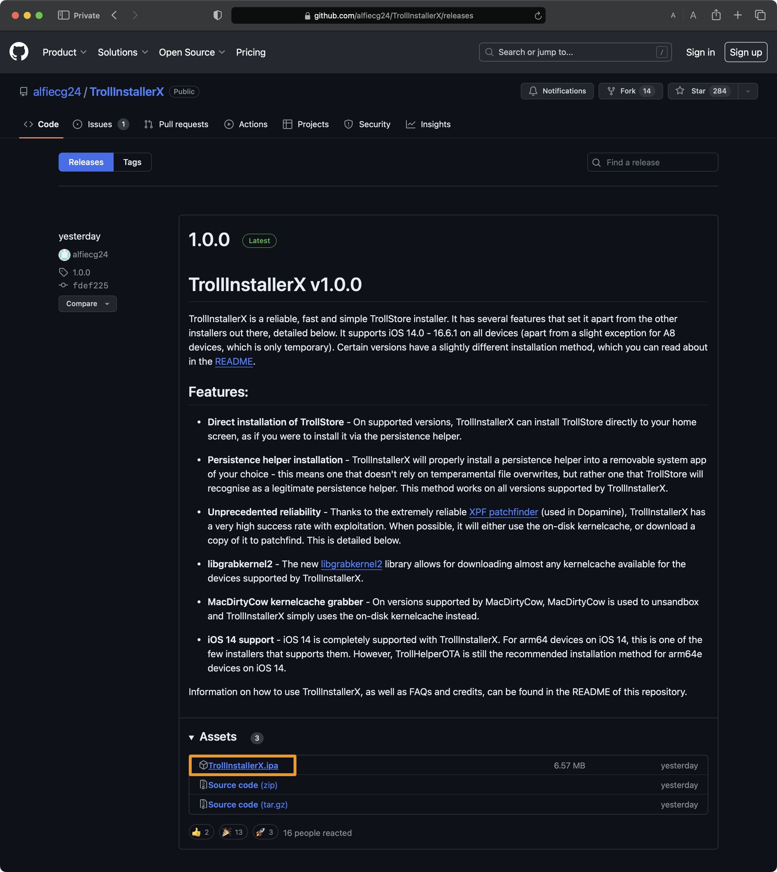 Download the latest TrollInstallerX IPA file.
