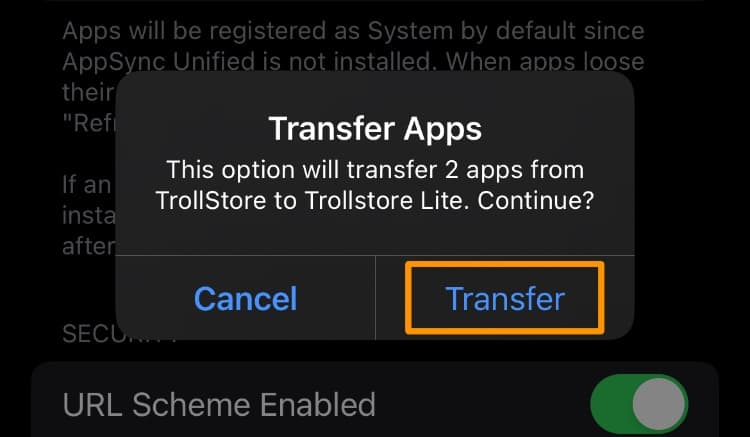 TrollStore Lite Transfer Popup Button.