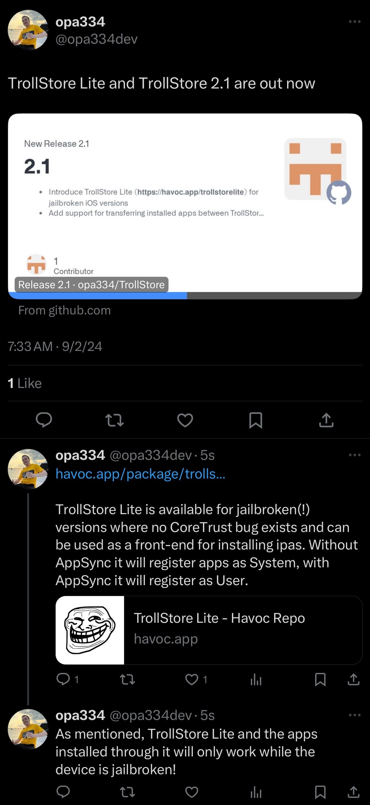 TrollStore version 2.1 official release announcement.