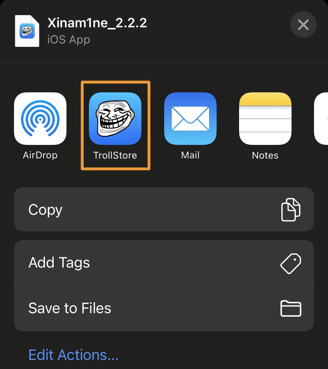 Xinam1ne in TrollStore Share Sheet.
