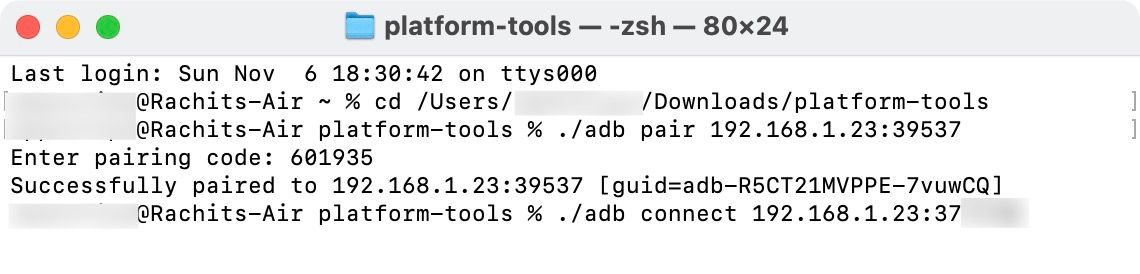 Showing the debugging device successfully connecting over the same network on a Mac