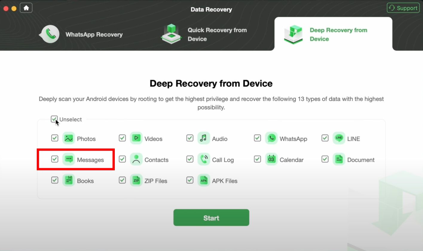 Screenshot of DroidKit's recover interface with Messages selected