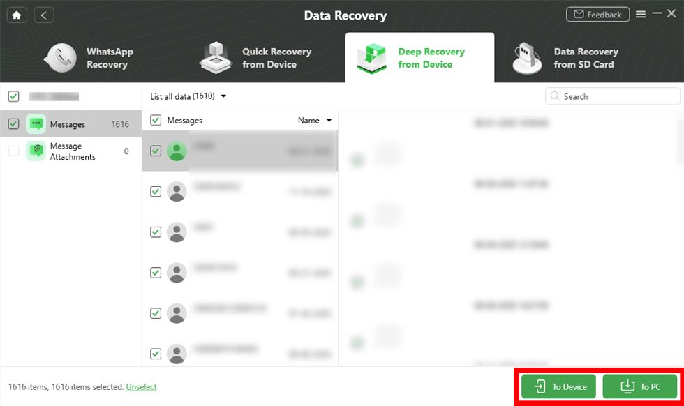 DroidKit's preview recovered message window highlighting To Device and To PC buttons