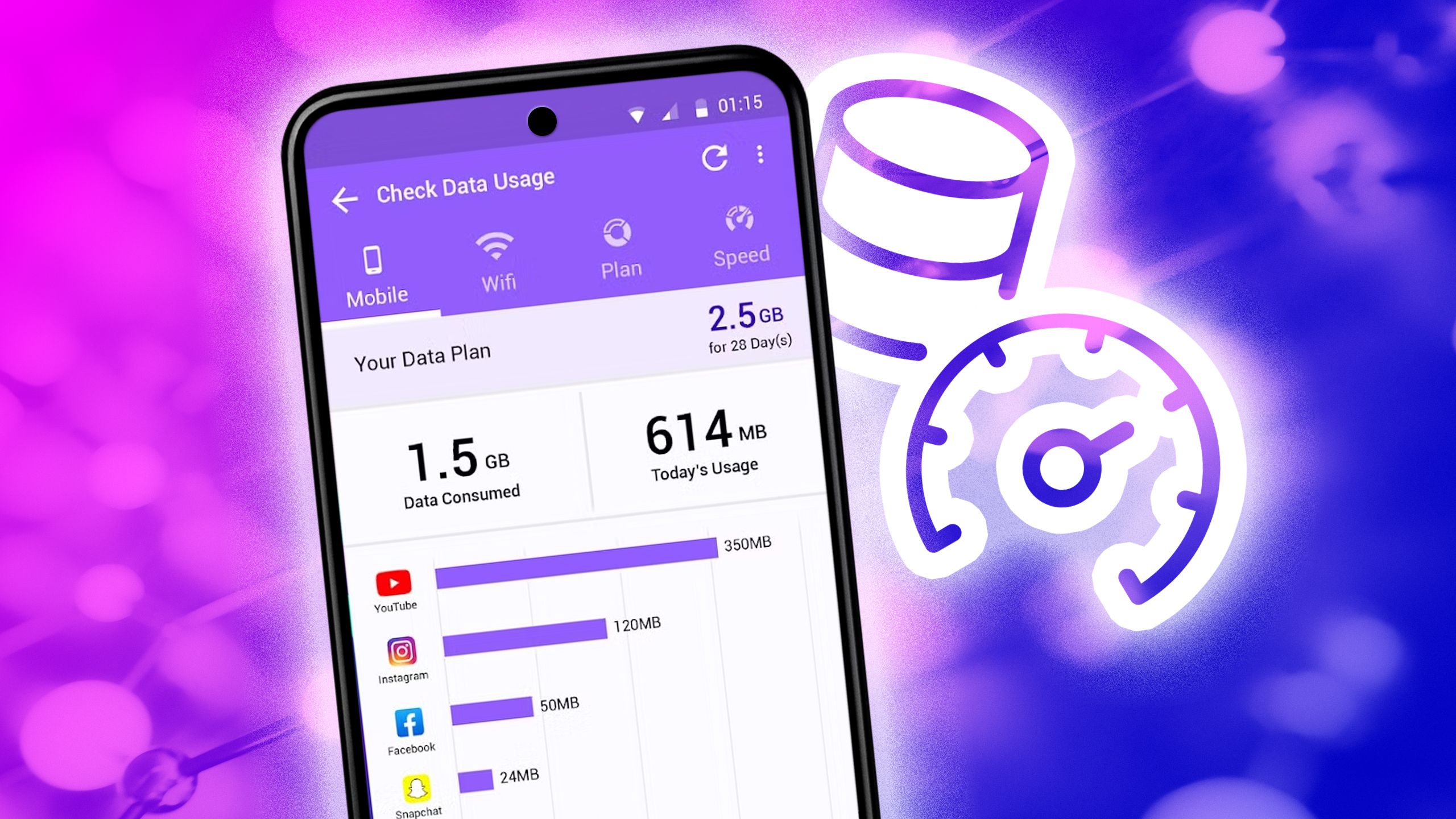 A phone showing data usage for several apps
