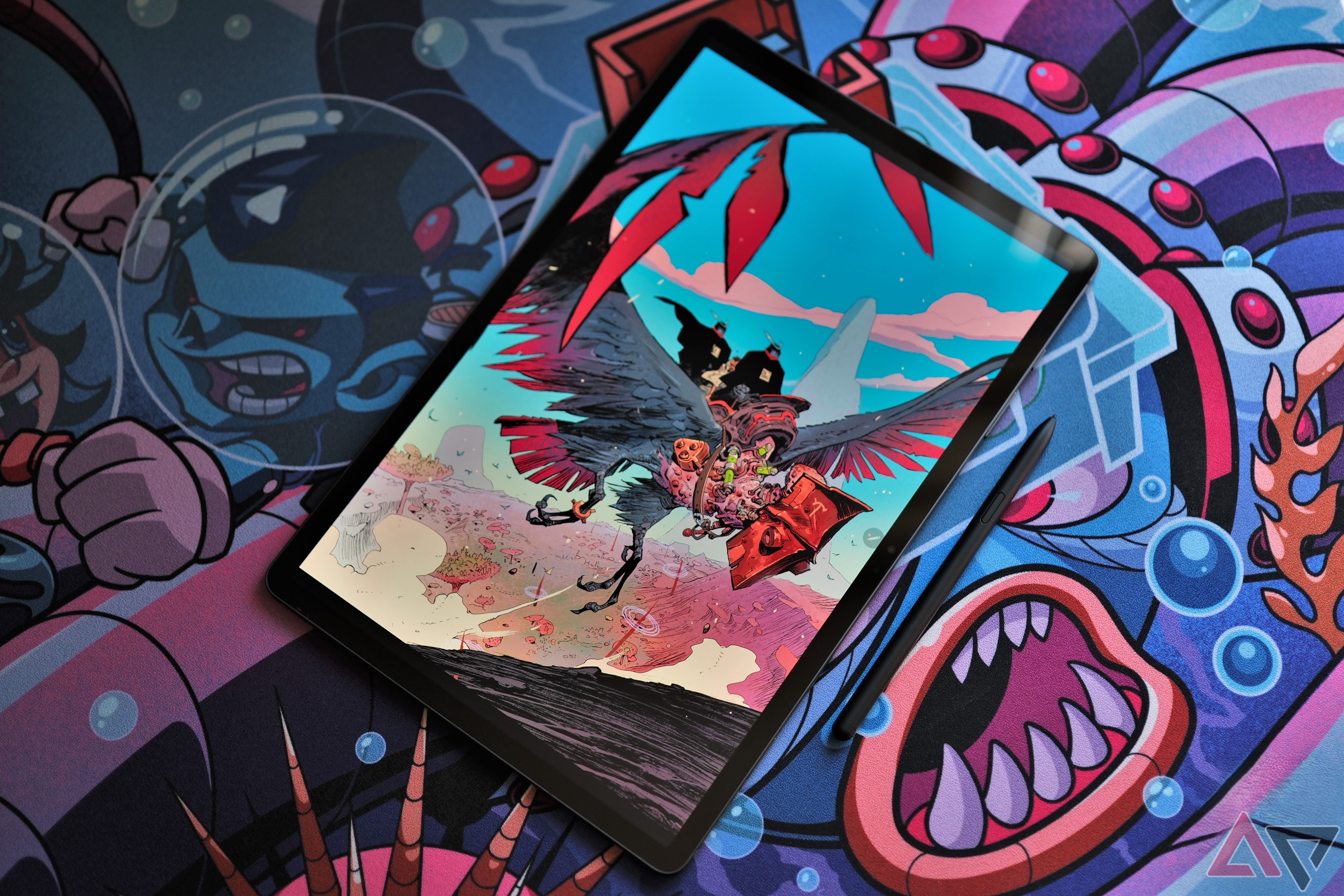 Samsung Galaxy Tab S9+ showing coloful background and colorful screen