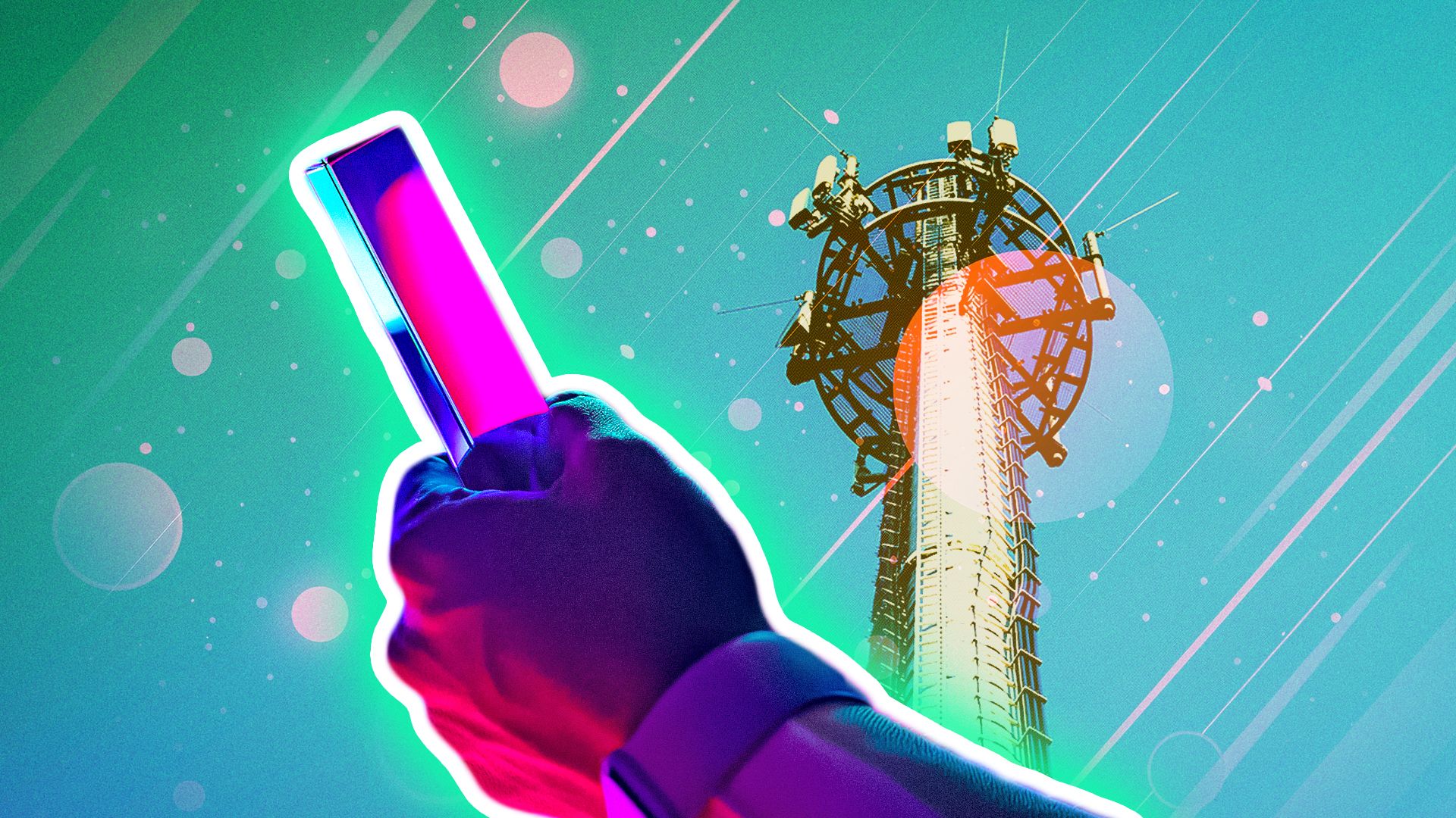 A hand holding a phone with a cellular tower in the background