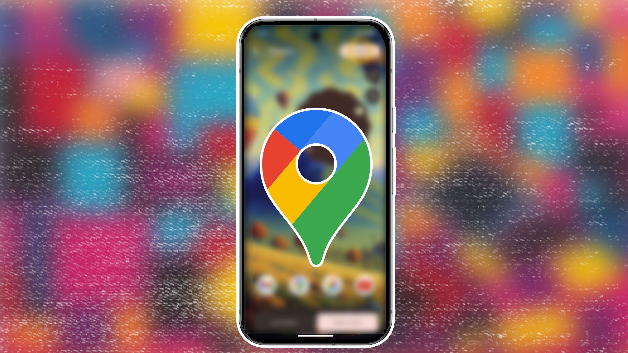 a Google Maps pin inside the profile of a smartphone with a blurred home screen