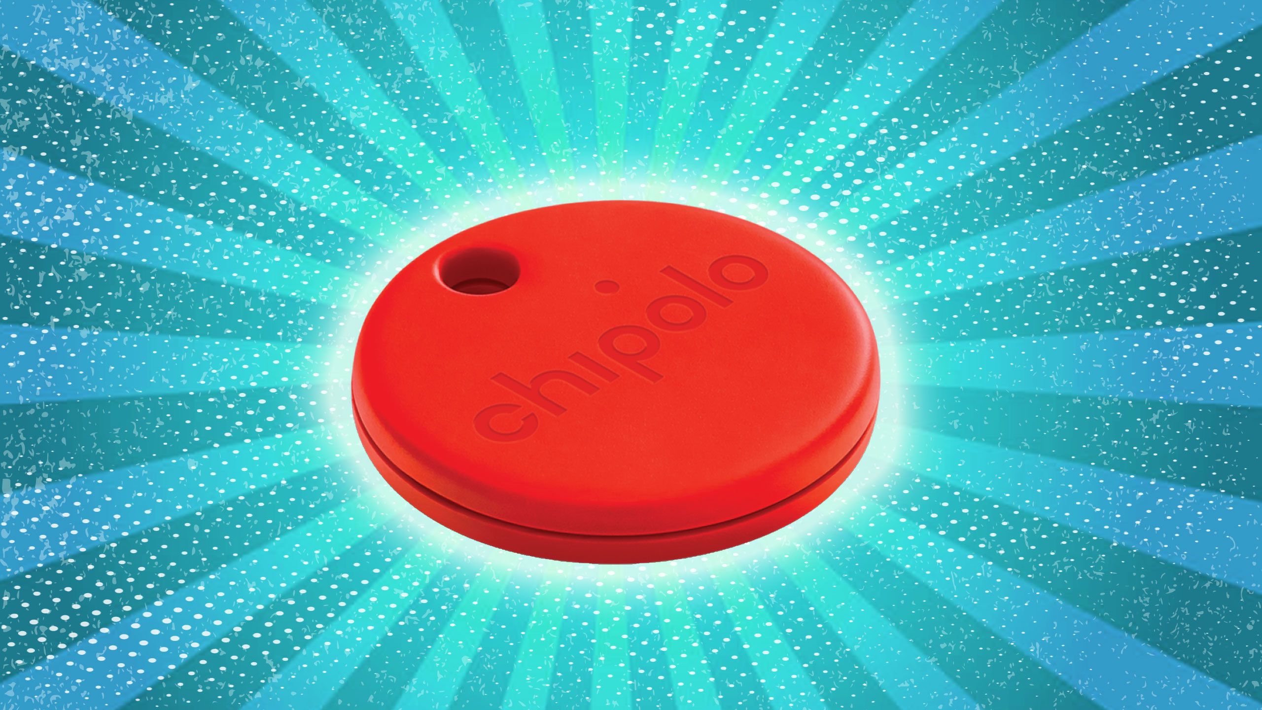 A red Chipolo Bluetooth tracker on a stylized blue background