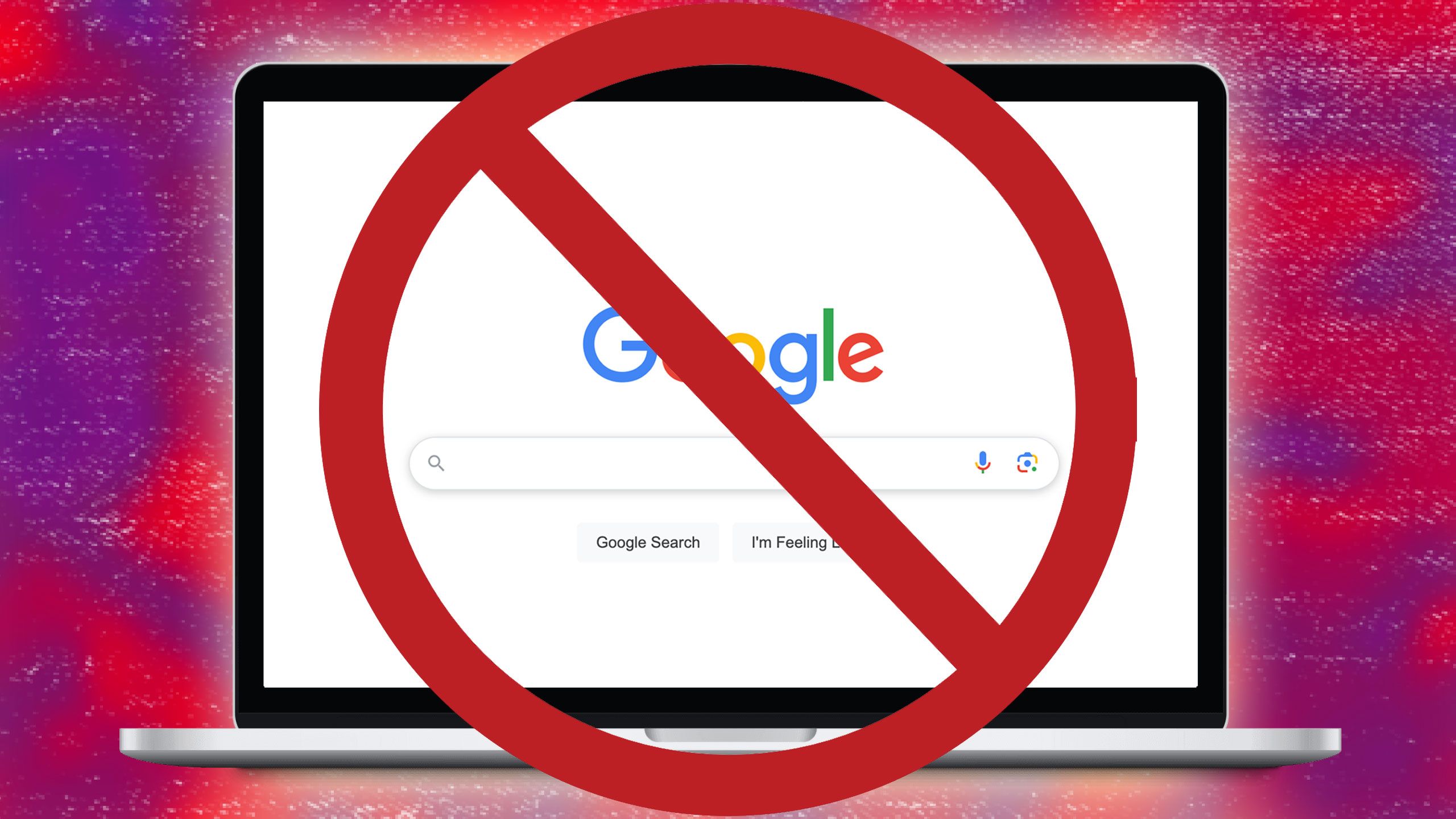 Google search page displayed on a macbook with a large prohibition sign in the center