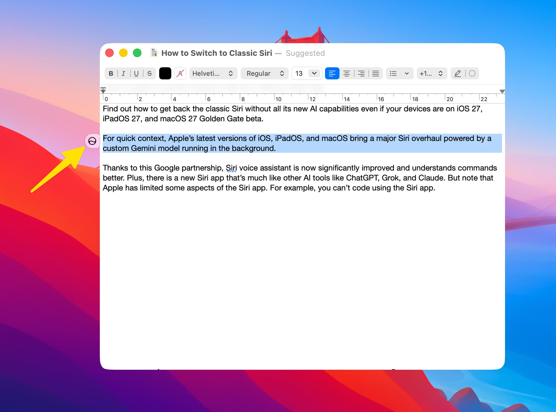 Tiny Siri icon after selecting text in macOS 27