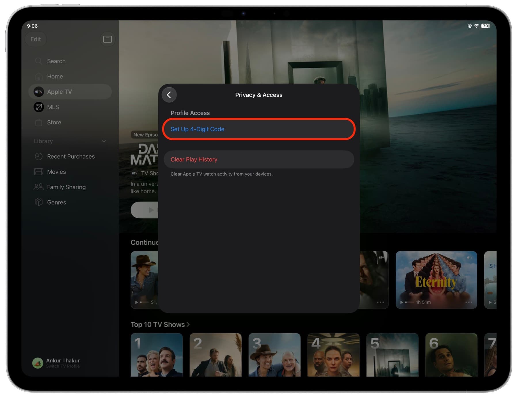 Set Up 4-Digit Code for main profile in Apple TV on iPad