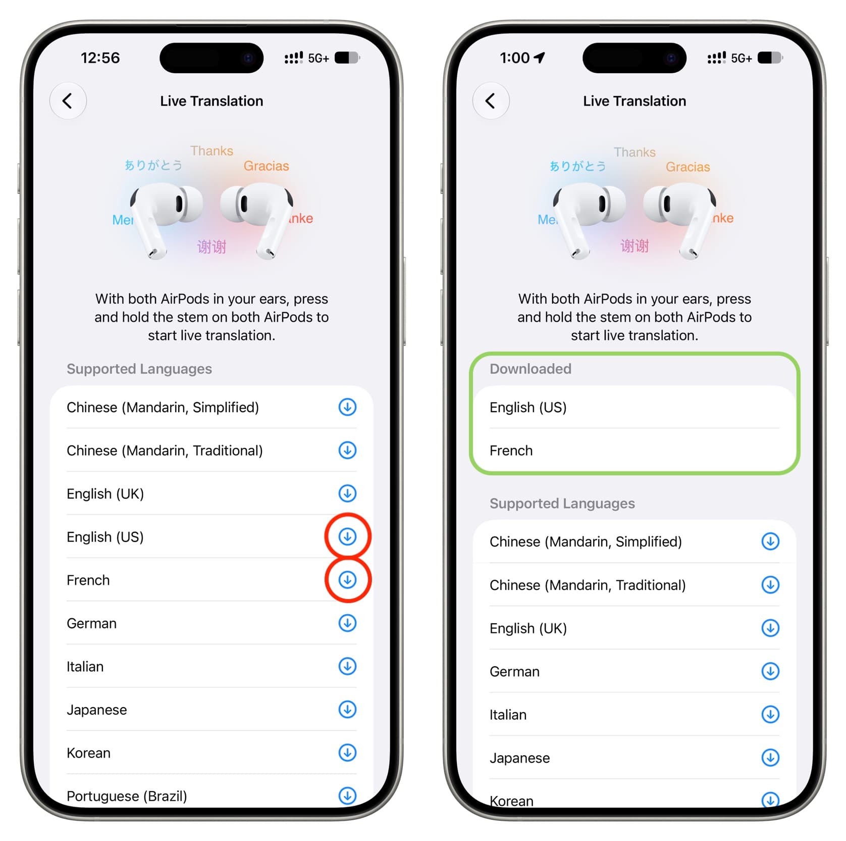 Downloading languages for AirPods Live Translation